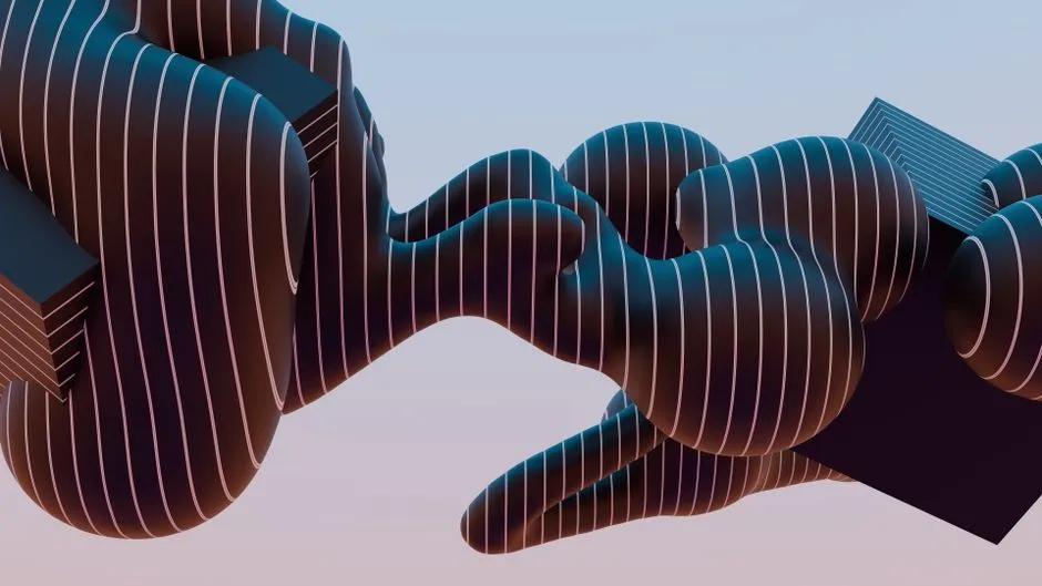 Visually captivating abstract 3D art piece with flowing shapes and line patterns.