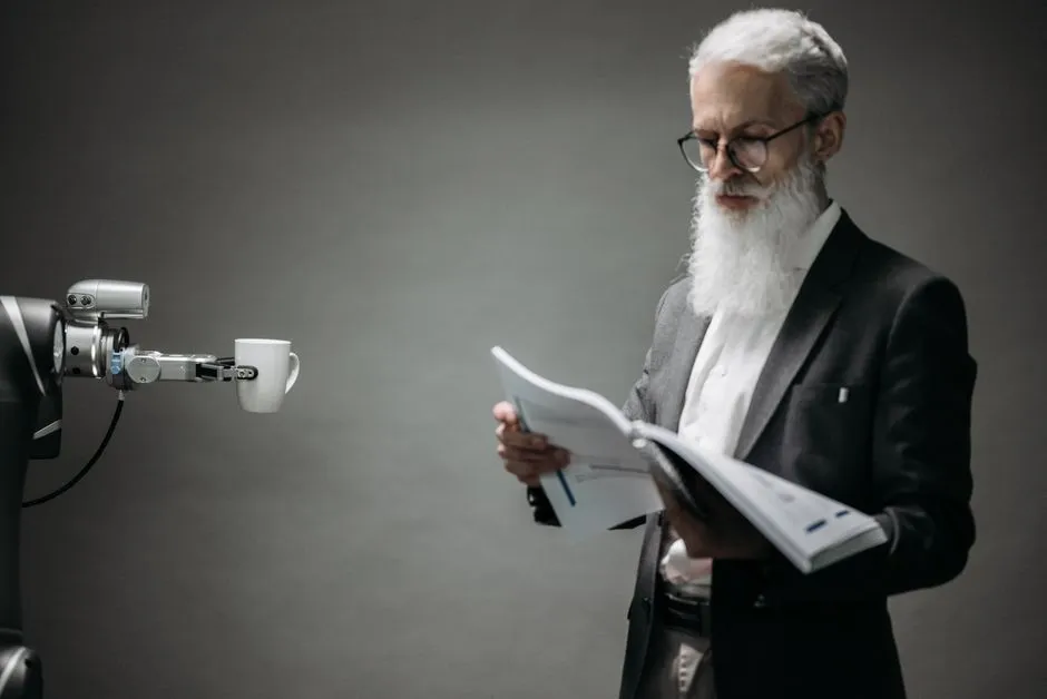 A robot arm assists a professional with a book and coffee in a modern office setup. Technology meets innovation.