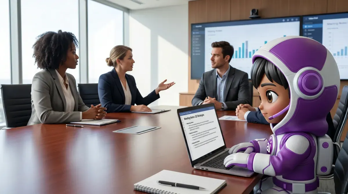 A modern office meeting with four professionals discussing strategies. An animated AI assistant, wearing a purple astronaut suit, is operating a laptop, managing meeting notes.