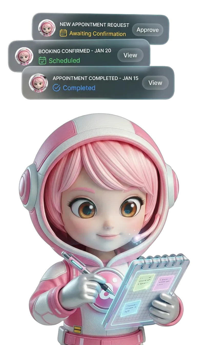 A cartoonish AI character with pink hair and a headset, holding a clipboard with colorful notes. This image illustrates an AI receptionist managing appointments and notifications, visually representing its functionalities like scheduling and message handling.