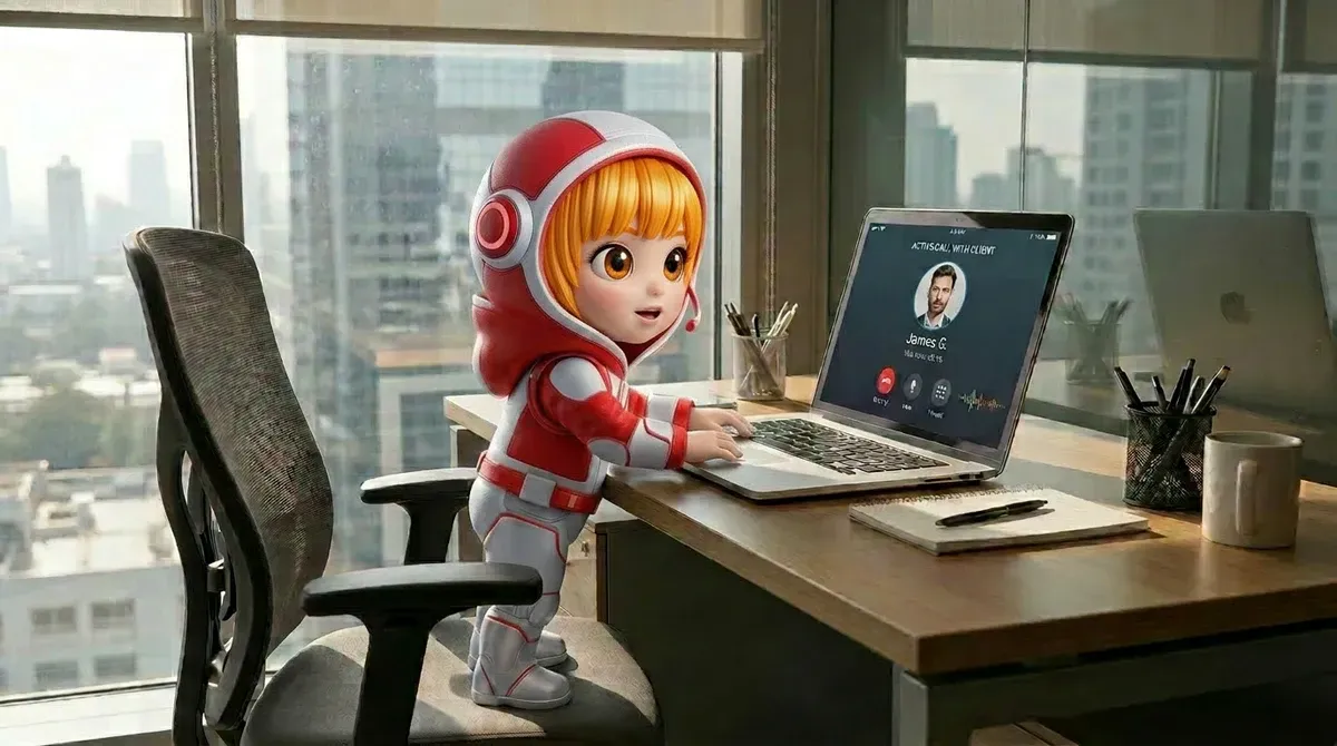 A cartoonish AI character with blonde hair, wearing a red hoodie, interacts with a laptop in a modern office setting. The screen displays a video call, suggesting an active engagement in sales activities.