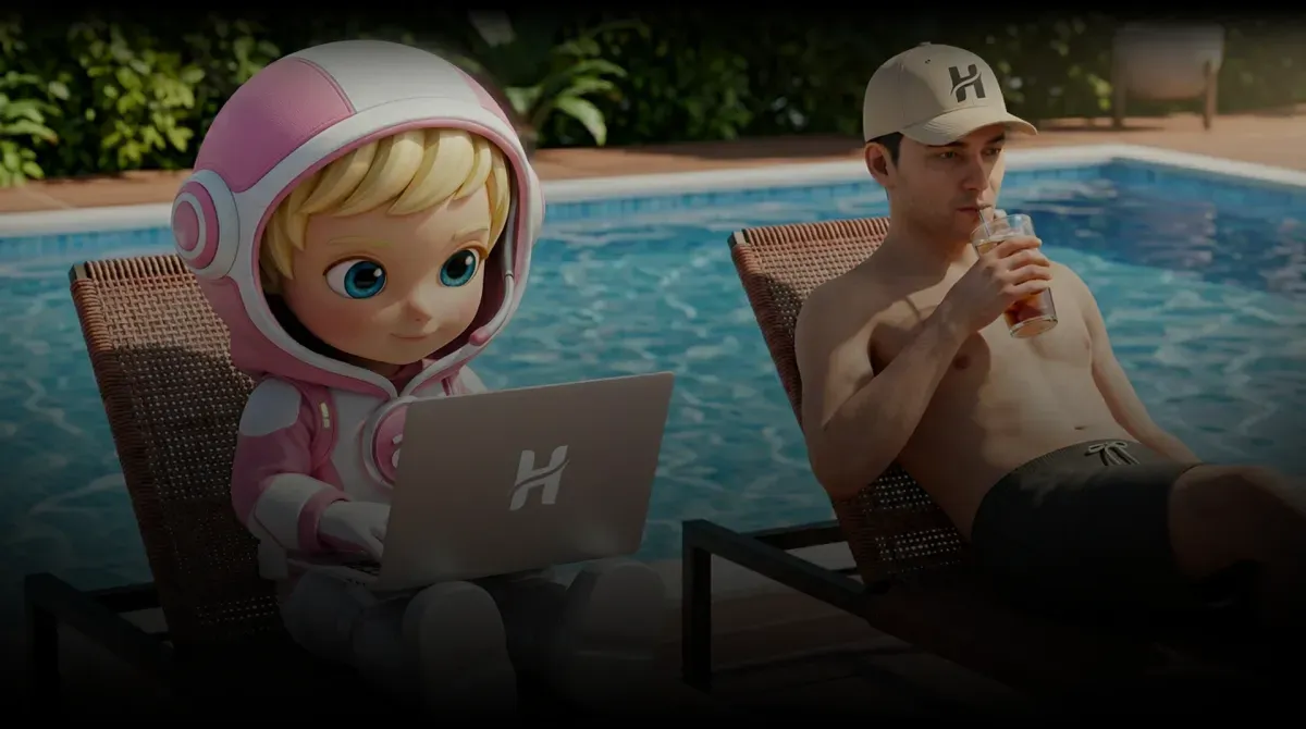 A cartoon AI receptionist, styled as a child in a pink outfit, works on a laptop beside a pool. A relaxed man sits nearby, enjoying a drink, depicting a blend of leisure and productivity.
