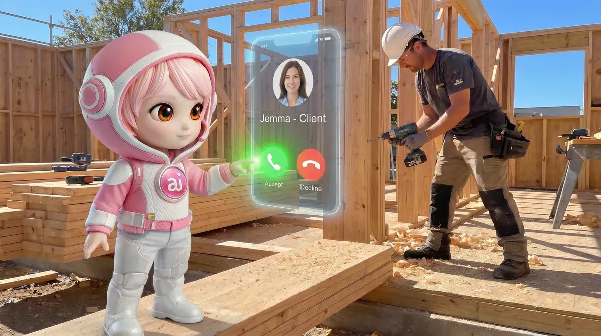 A cartoonish character in a pink AI-branded outfit stands on a construction site, interacting with a virtual call display showing a client. A worker in a hard hat is visible in the background, busy with a power tool, surrounded by wooden framing.