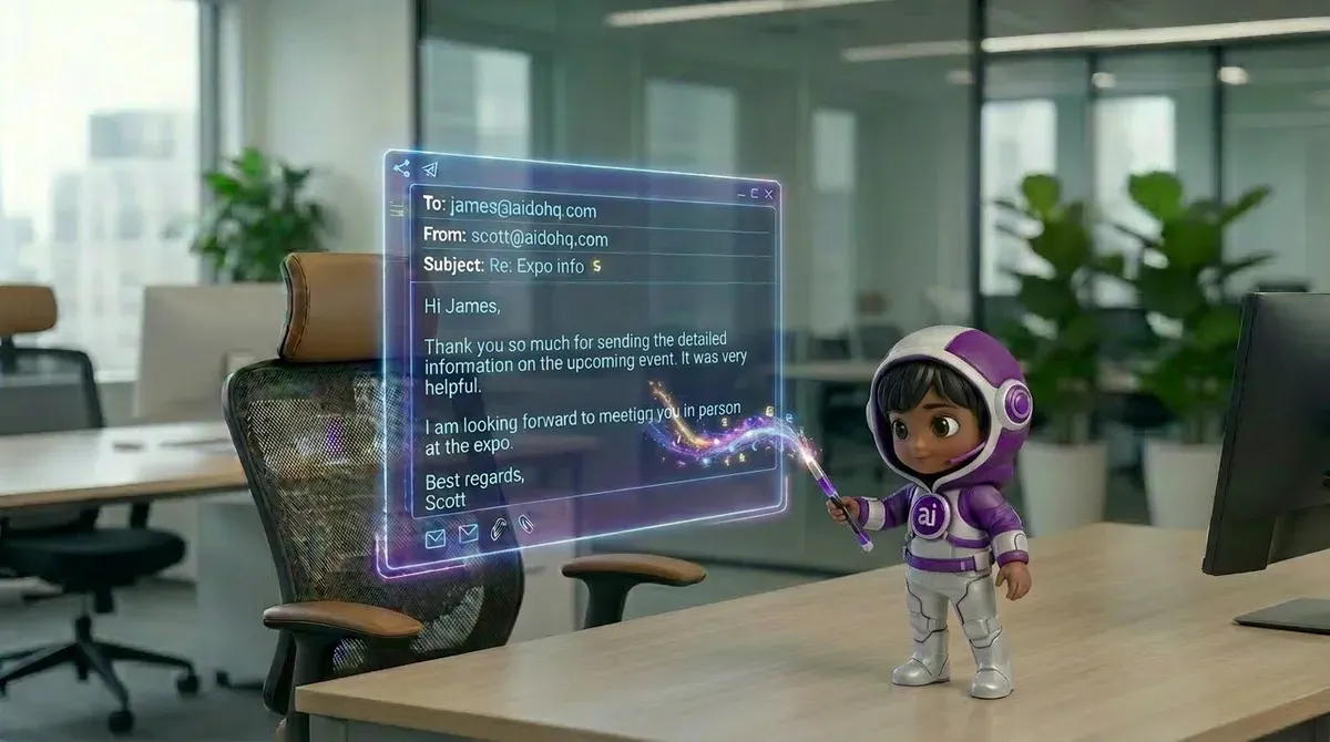 A cartoonish character dressed like an astronaut stands beside a desk in a modern office, interacting with a holographic email interface displaying a message. The scene emphasizes the futuristic role of an AI executive assistant.