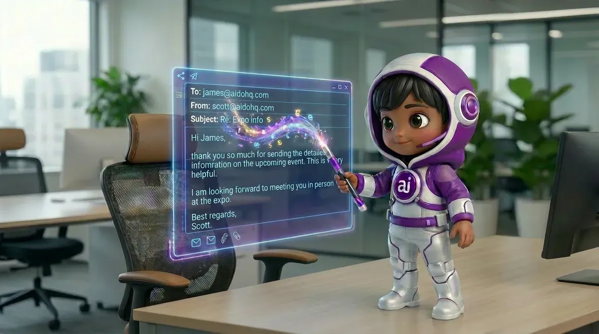 A cartoon character in a futuristic suit with ‘ai’ branding interacts with a holographic email interface in a modern office setting. The background features a conference table and office plants, implying a professional atmosphere.